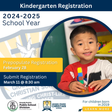 Child smiling at camera building blocks. Kindergarten registration steps are prepopulate forms Feb 28 and submit March 11